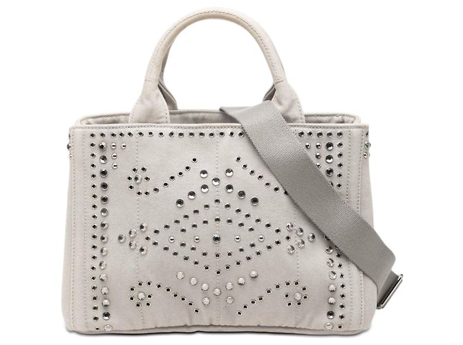 Borsa satchel in denim canapa grigio con gioielli e occhielli Prada Small