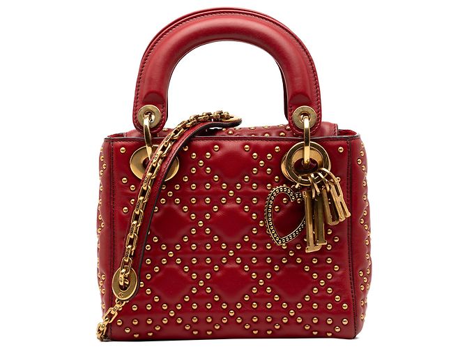 Lady Dior Mini Satchel aus rotem Lammleder mit Cannage-Steppung und Nieten