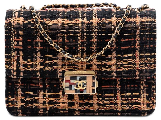 Borsa a tracolla Chanel Medium Quilted Tweed Beauty Lock Flap Nera Nero