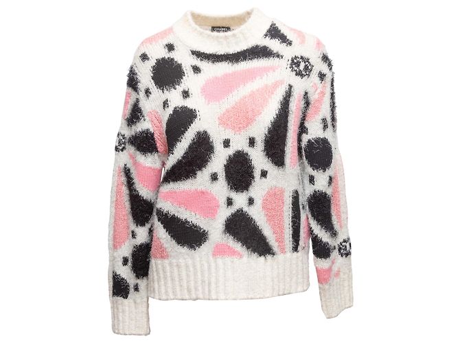 Chanel 2023 Kaschmir-Seiden-Mischung Pullover mit floraler Intarsien-Optik in Weiß & Multicolor Größe FR 36