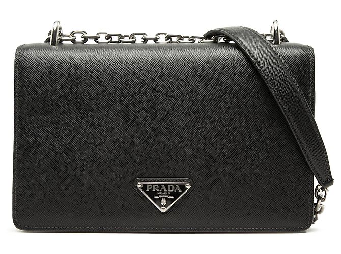 Borsa a tracolla con catena in Saffiano e Tessuto nero Prada