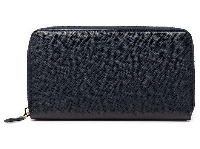 Blue Prada Saffiano Zip Around Long Wallet