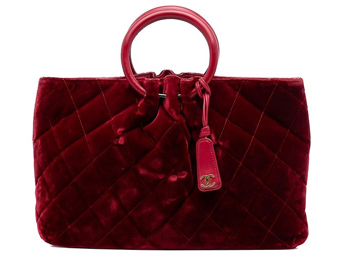 Bolsa Chanel CC de veludo acolchoado vermelho com alça superior