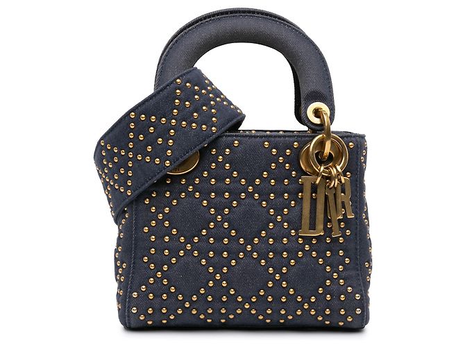 Borsa Lady Dior Supple in denim blu con borchie cannage Mini