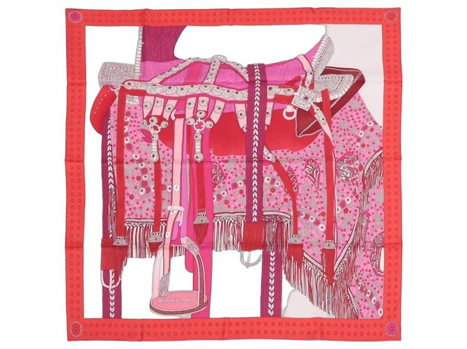 Carré 90 Hermès "SELLE DE DIGNITAIRE" Pañuelo de seda Rosa