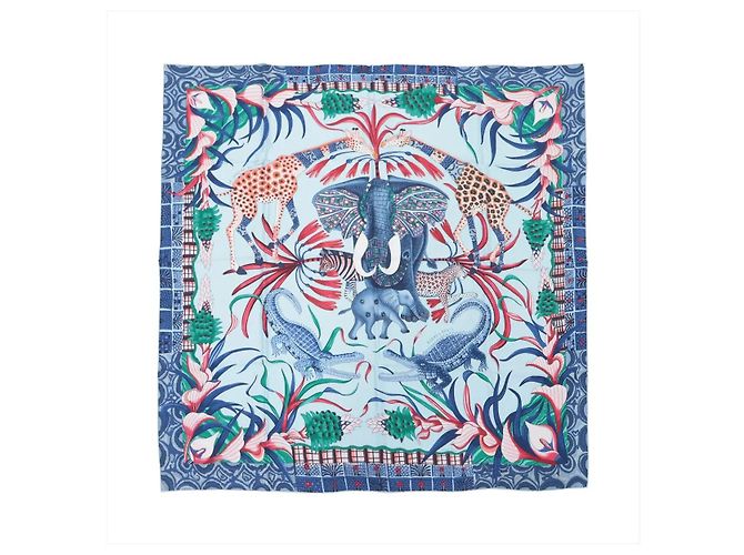 Carré 90 Hermès "LA MARCHE Du ZAMBEZE" in seta blu