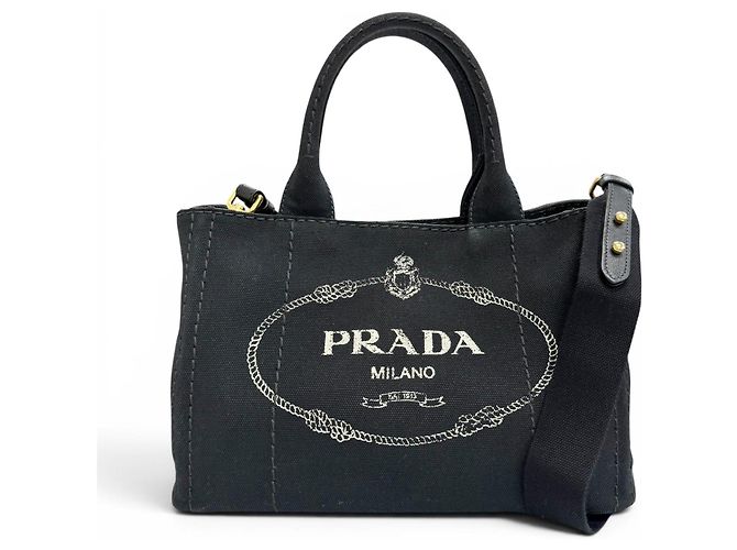 Prada 1BG439 Canapa Canvas Leather Triangle Logo 2-Way Shoulder Tote Bag Black