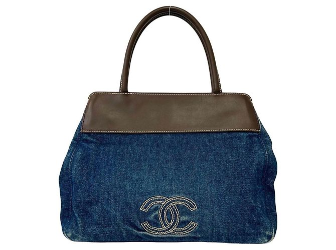 Bolsa Tote Chanel Coco Mark Stitch em denim e couro Marrom Azul