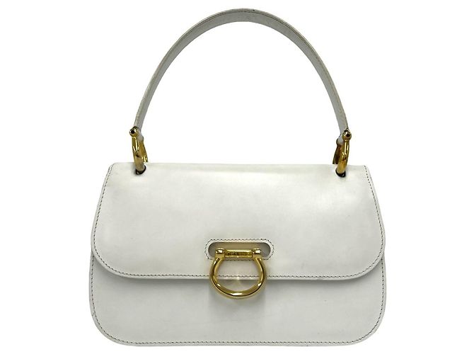 Céline CELINE Vintage Logo Gancini Hardware Leather Handbag White