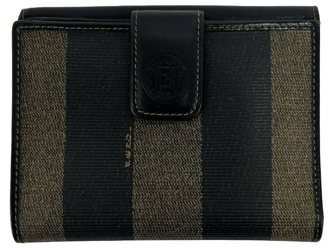 Fendi Pequin FF Logo Canvas Leather Bi-fold Wallet Black Khaki