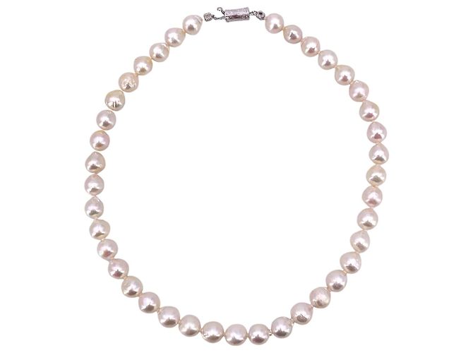 Autre Marque Colar de pérolas brancas barrocas 9 mm com fecho de prata texturizada cm 46 Branco