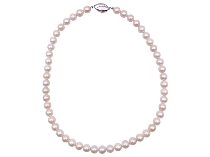 Autre Marque Collar de perlas Akoya blancas 8.5 mm ovalado con cierre de plata cm 42 Blanco