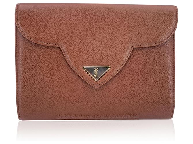 Yves Saint Laurent Sac à rabat et pochette YSL vintage en cuir marron 