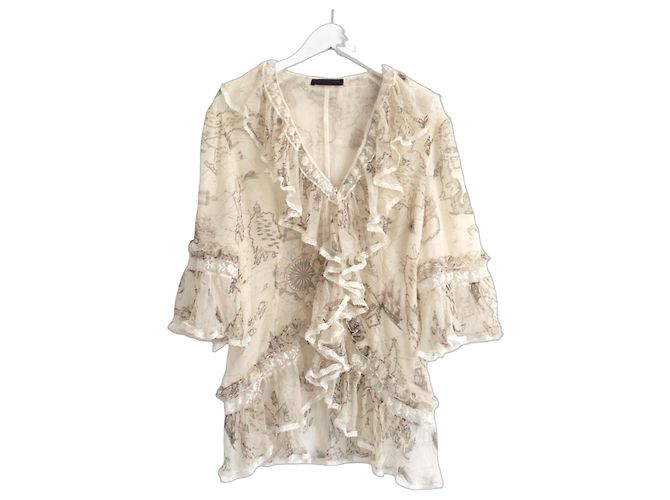 Blusa de seda com babados estampada com mapa Alexander McQueen Primavera 2005 Cru