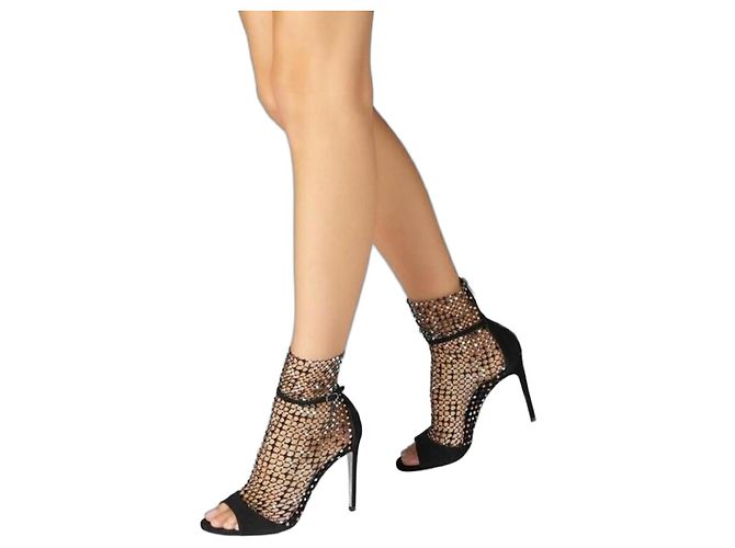 Rene Caovilla Black Crystal Mesh Peep-Toe Ankle Boots