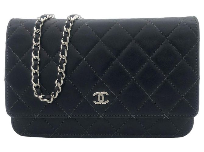 Chanel Wallet on chain / Woc mini em couro liso cinza escuro e ferragens prateadas Cinza antracite