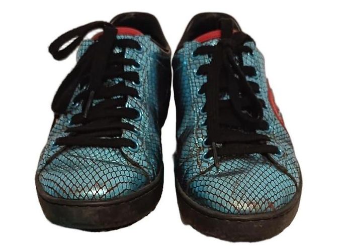 Gucci Ace Interlocking G Metallic Snakeskin – Taille 36.5 – Full Set Rouge Turquoise