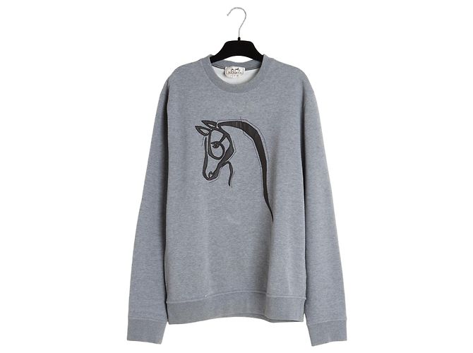 Hermès graues Baumwoll-Sweatshirt mit schwarzem Leder-Pferdekopf