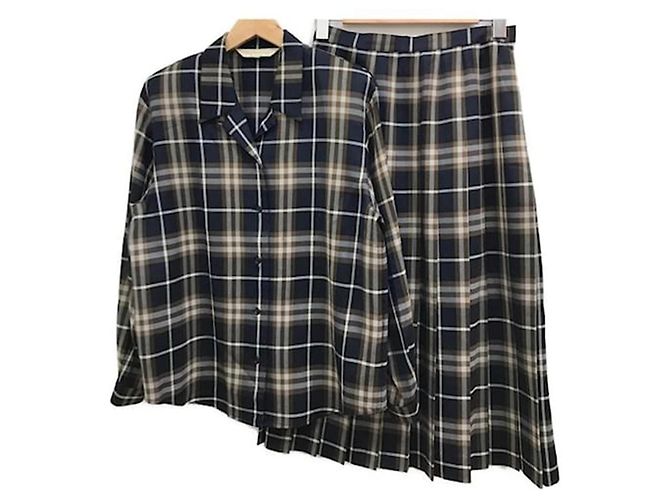 Completo Burberrys Camicia e Gonna a Quadri in Lana Marrone Bianco Blu scuro