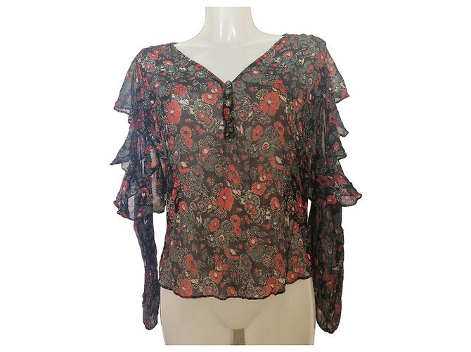Veronica Beard Floral Silk Cold Shoulder Blouse Black Red Green