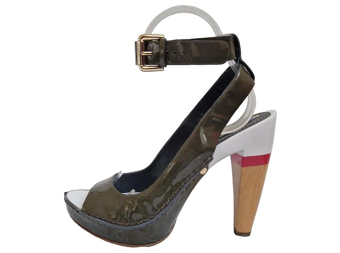 Céline Celine Patent Leather Ankle Strap Platform Heels Brown White Green