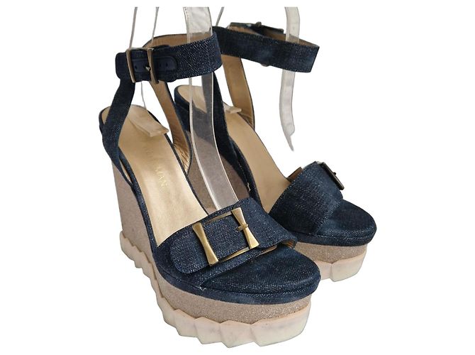 Stuart Weitzman Denim Wedge Platform Sandals Blue Golden