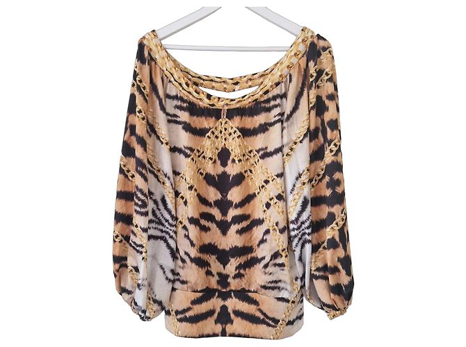 Blusa Just Cavalli in seta stampa tigrata e catena Marrone Bianco D'oro
