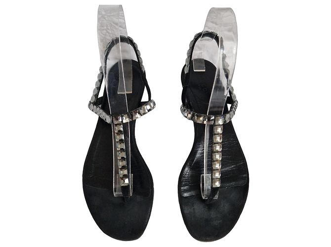 Gucci Sandali Thong in Pelle Nera con Cristalli Nero