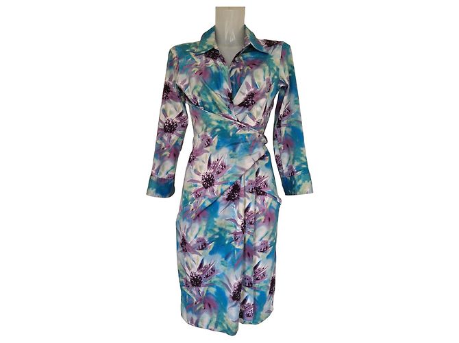 Autre Marque Samantha Sung Wickelkleid mit Blumenprint Weiß Blau Grün Lila
