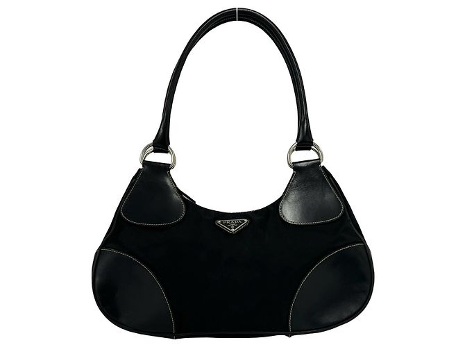 Tote Bolsa semi-ombro em nylon e couro com logo triângulo Prada Preto