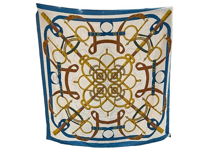 Lenço Hermès de cashmere e seda 140cm Marrom Branco Azul Dourado Verde