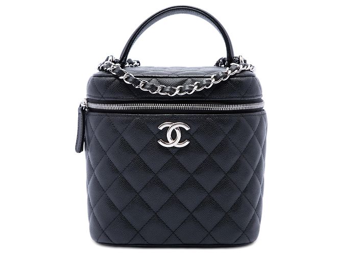 Chanel Vanity com alça e corrente em couro Caviar matelassé preto CC