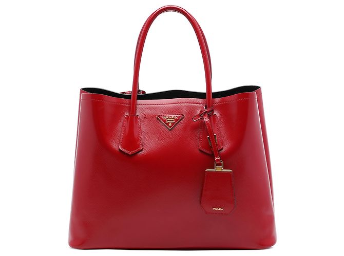 Prada Rote Medium Saffiano Vernice Double Satchel Tasche