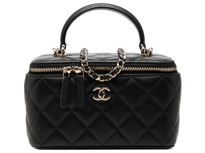 Chanel Pequena Vanity Case em Pele de Cordeiro Preta com Alça e Corrente Preto