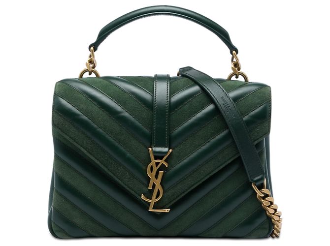 Saint Laurent Green Medium Chevron Calfskin and Suede Monogram College Satchel Dark green