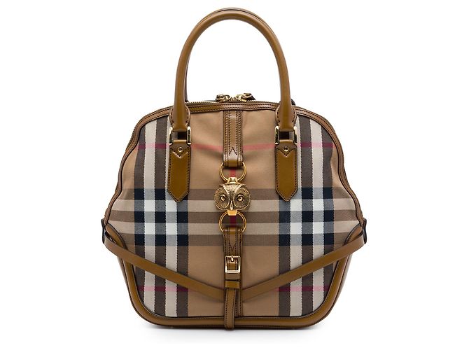 Borsa Burberry Brown Medium House Check Canvas Bridle Owl Orchard Marrone Marrone chiaro