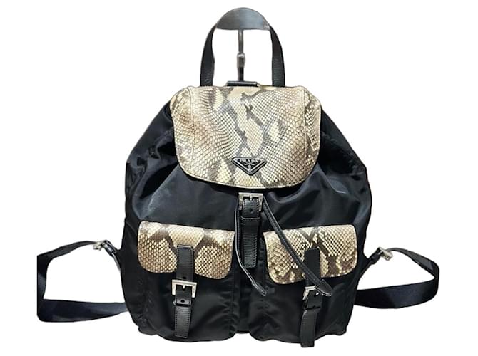 Prada Nylon and Python Leather Backpack Black Python print