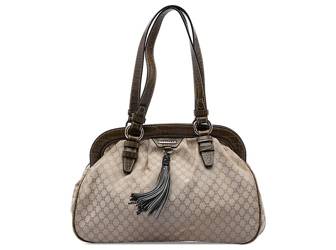 Céline Bolsa Celine Beige Macadam Canvas com borla e fecho de armação Bege