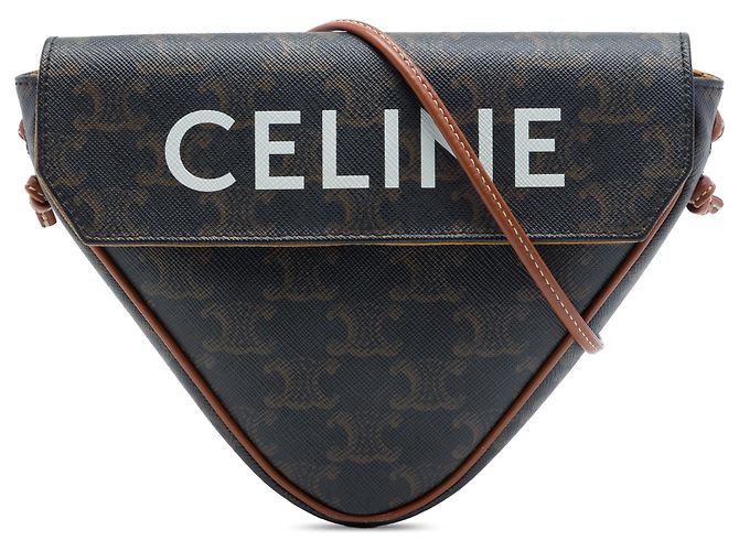 Céline Celine Brown Triomphe Coated Canvas Logo Triangle Crossbody Marrone Marrone scuro