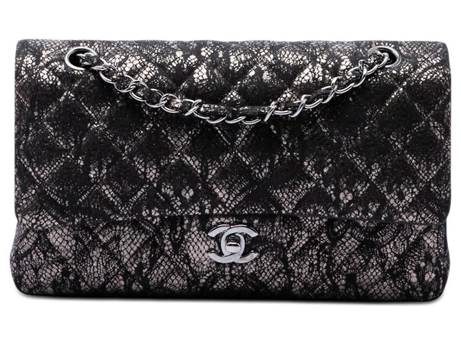 Chanel Black Medium Classic Metallic Goatskin and Lace Double Flap Noir