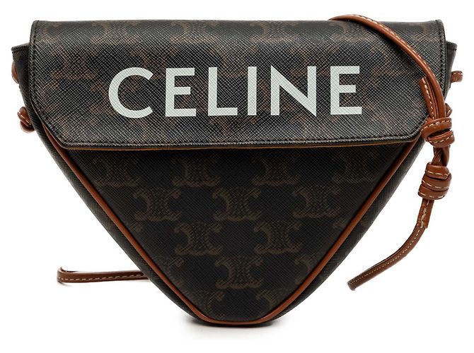 Céline Celine Brown Triomphe Coated Canvas Logo Triangle Crossbody Marrone Marrone scuro
