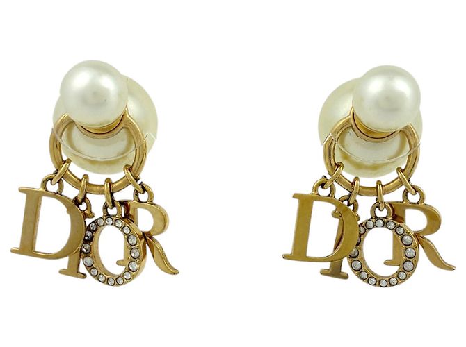 Pendientes de botón Christian Dior oro y blanco Dorado