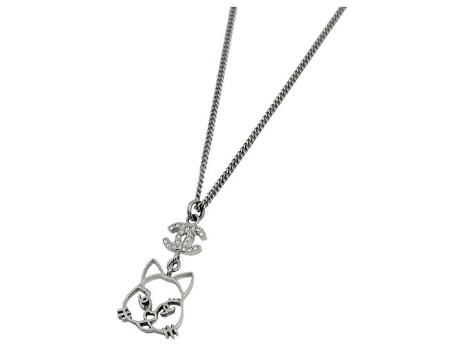 Collana Chanel in strass argentata con design a gatto e logo Coco Mark Argento