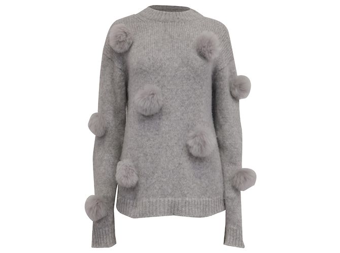 Tibi Strickpullover mit Pelz-Pompons aus grauer Alpaka-Wolle