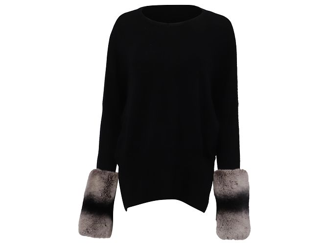 Autre Marque Izaak Azanei Pullover mit Pelzbesatz an den Bündchen aus schwarzer Merinowolle