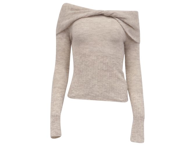 Reformation Florie Off-Shoulder Strickpullover mit Twist aus beiger Alpakawolle