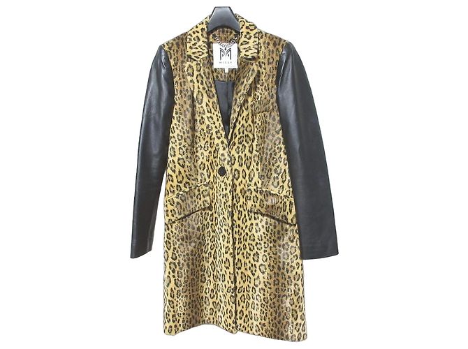 Autre Marque Milly Lamb Leather Sleeve Leopard Wool Coat Black Beige