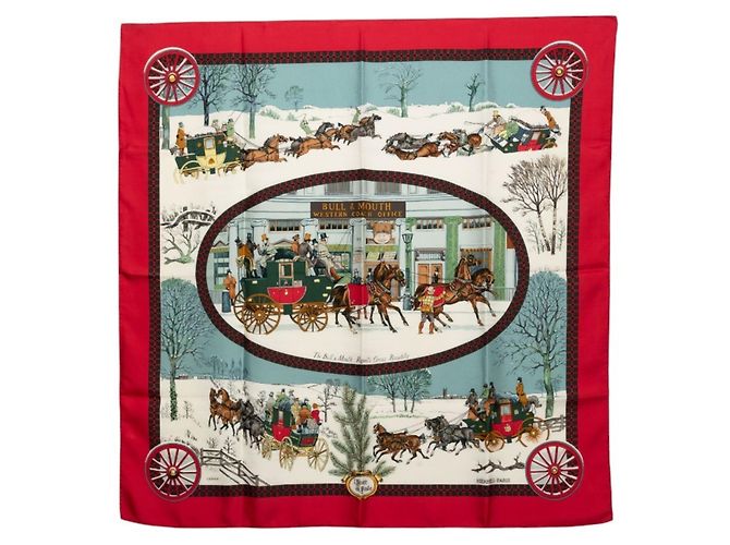 Hermès Hermes Carre 90 Winter Post Coach Scarf Rosso Multicolore