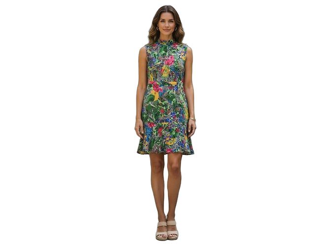Autre Marque Vestido Mini Saloni em Seda Estampado Floral e Bolinhas Multicor Verde