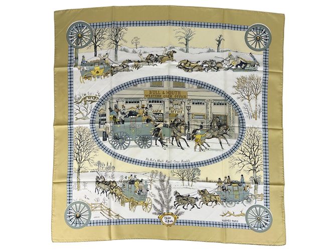 Hermès Hermes Carre 90 LHIVER EN POSTE Schal Weiß Mehrfarben